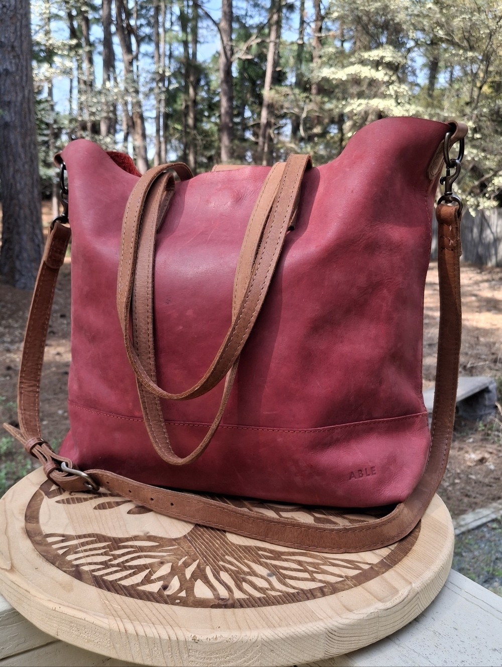 Able Abera Burgundy/Red Leather Minimalist Convertible Crossbody Tote Bag